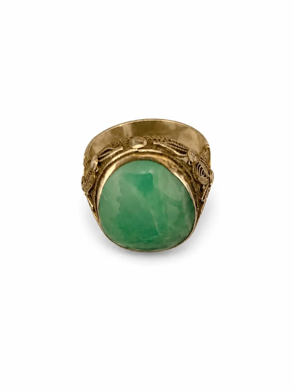 Antique Jadeite Silver Ring Green Jade Filigree Statement 8.21g